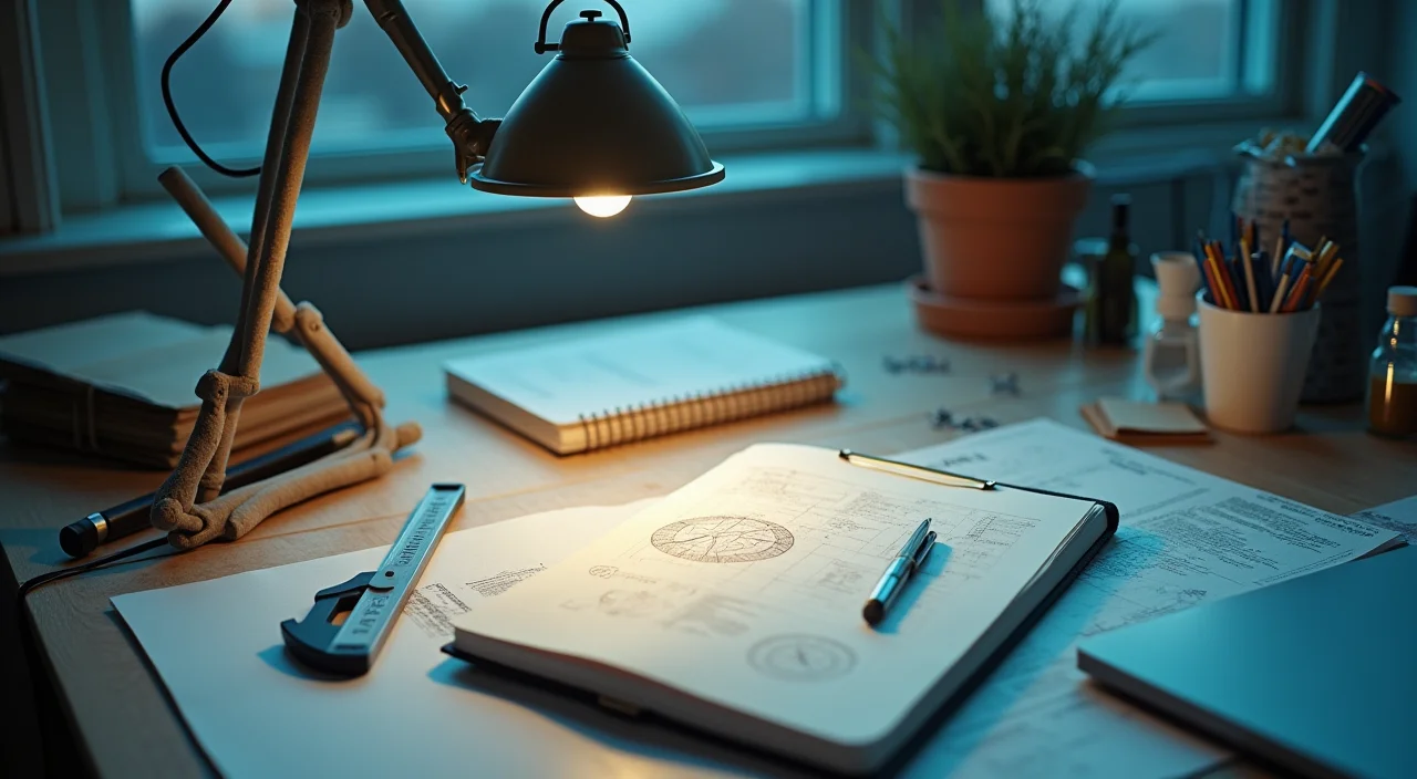 A precise workspace featuring brass calipers and blank notebooks under soft morning light, representing structured data management and architectural planning.