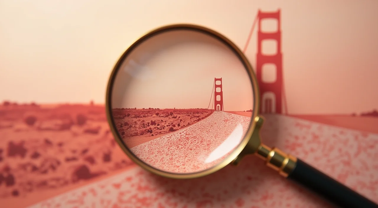 Close-up of a magnifying glass inspecting a fine crack in a translucent acrylic panel, symbolizing technical problem diagnosis.