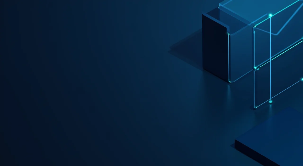 Abstract dark blue and cyan geometric vault structure representing secure enterprise database architecture on a clean background.