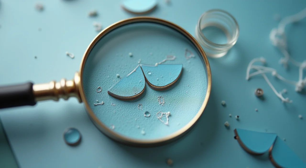 Close-up of a brass magnifying glass inspecting a hairline fracture in a matte acrylic panel on a linen surface