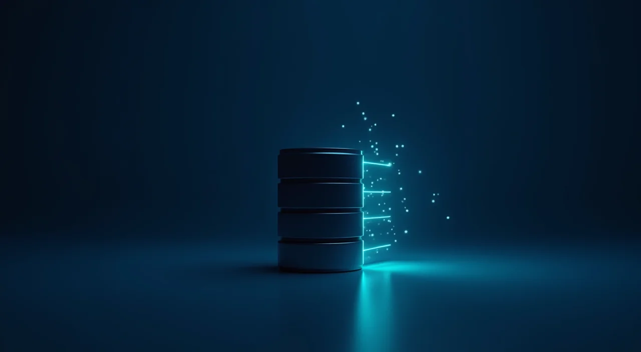 Abstract illustration of a secure enterprise database server with cyan data streams against a dark blue background.