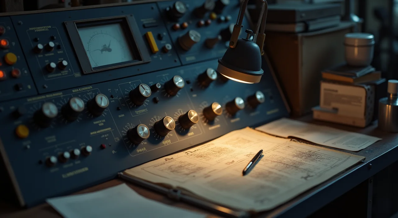 A minimalist control console with unlabeled controls under focused lighting, representing technical assessment and risk quantification.