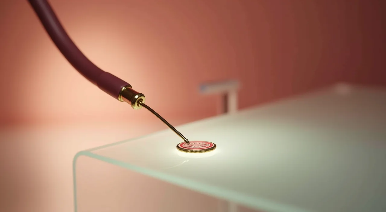 Close-up of a metallic diagnostic probe hovering over a frosted glass surface, symbolizing the careful examination of Oracle RAC architectural symptoms.