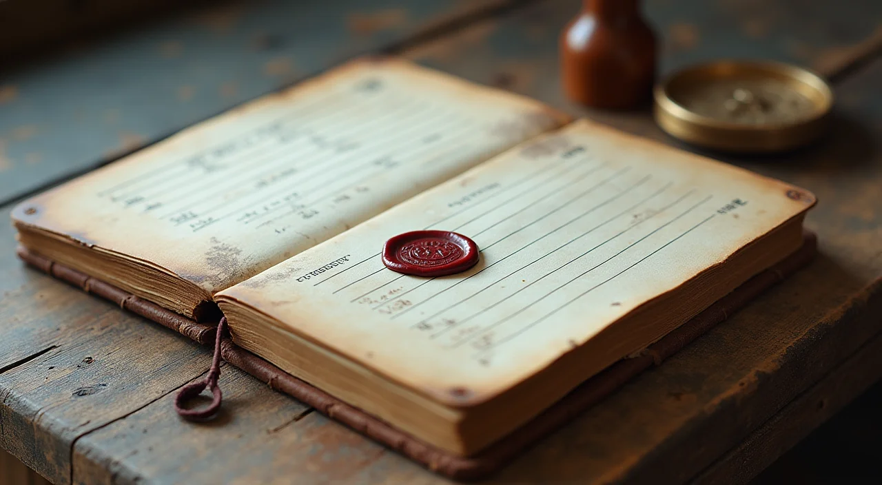 A walnut ledger book sealed with wax and a brass stamp on linen, symbolizing verified value and risk mitigation in automated Oracle migration consulting.