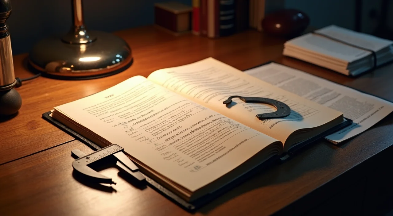 A physical ledger and precision caliper on a desk representing rigorous database migration evaluation and feature parity verification.