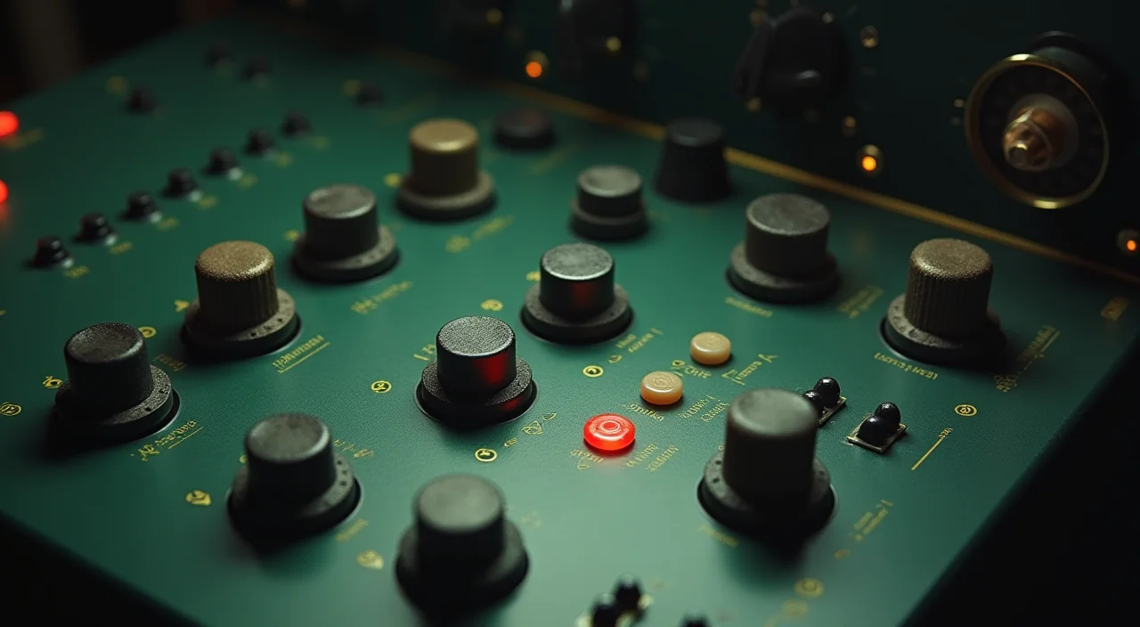 Close-up of a control console with unlabeled knobs and brass accents under focused lighting, representing enterprise database architecture evaluation