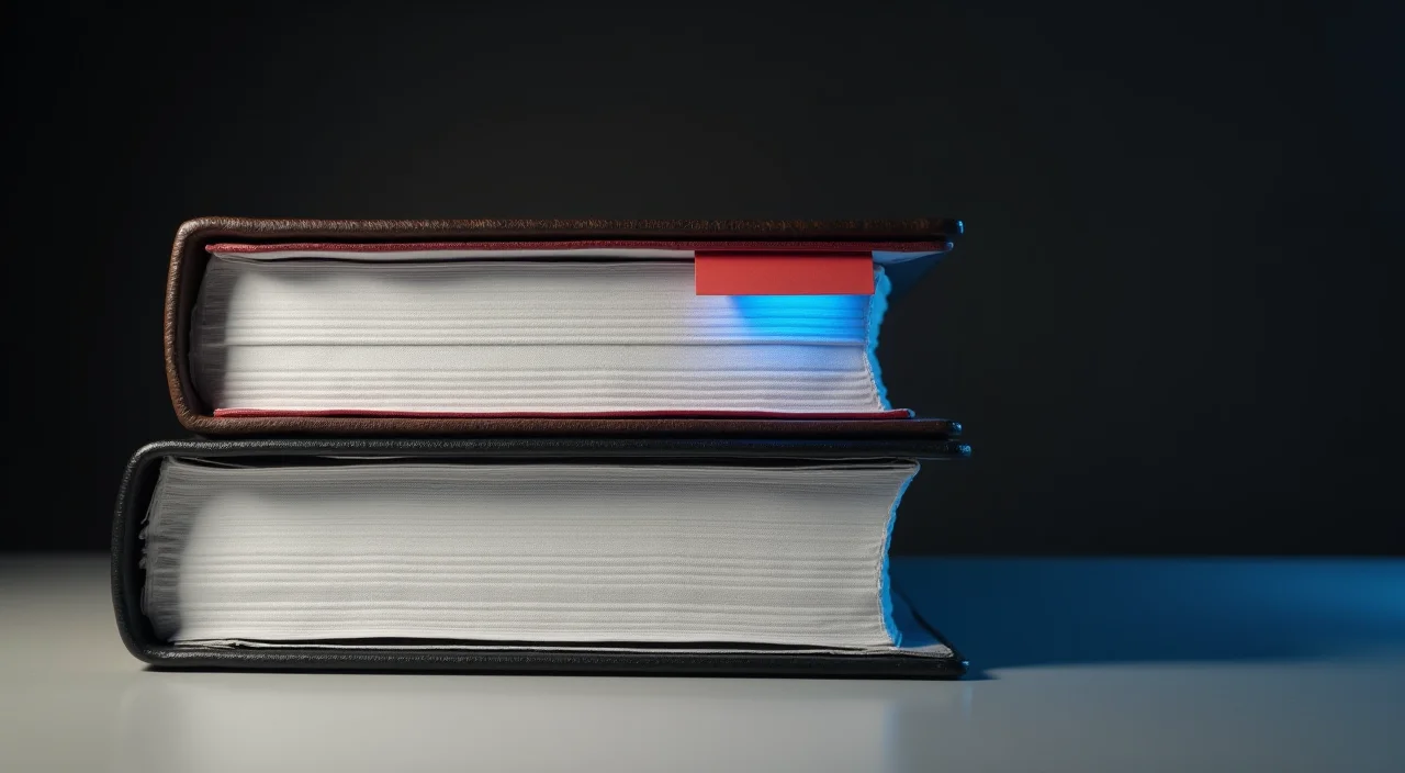 Two stacked configuration binders on a wooden surface, one marked with a blank red tab, illustrating a technical tutorial on database migration rollback strategies