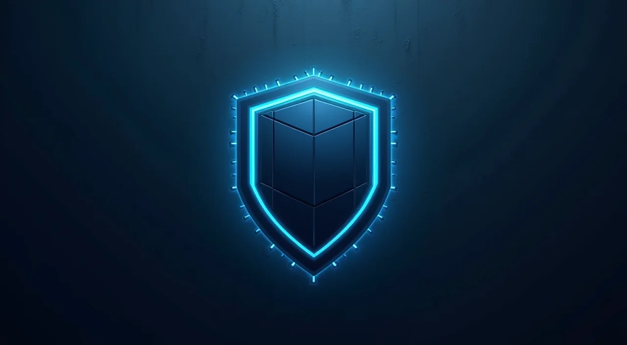 A minimalist 16:9 editorial illustration of a geometric shield in navy blue and cyan, symbolizing enterprise database liability and architectural stability.