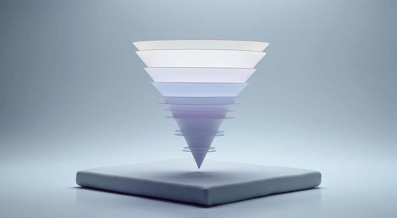 Frosted acrylic screening funnel resting on a linen surface representing database selection criteria