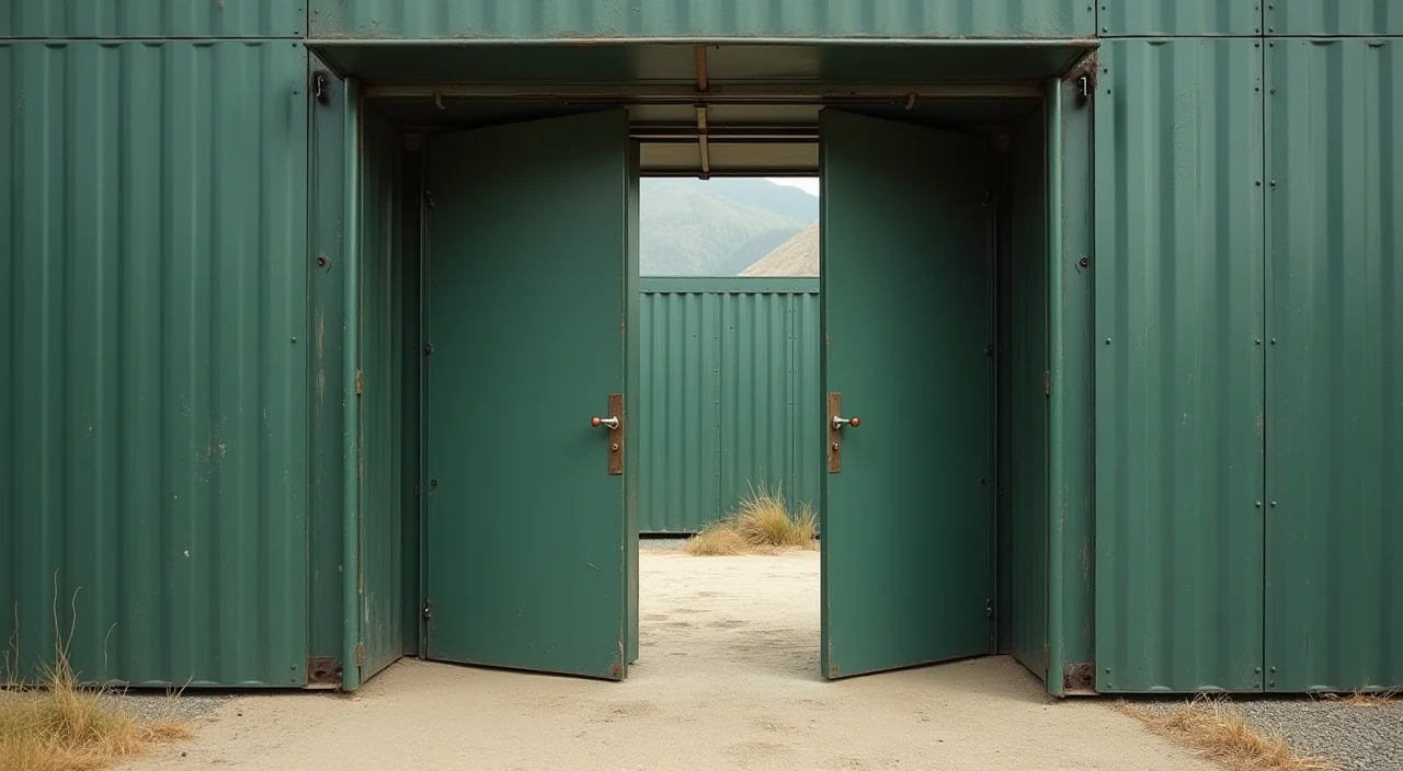 Half-open industrial shutter representing migration rollback risk, photographed with side backlighting