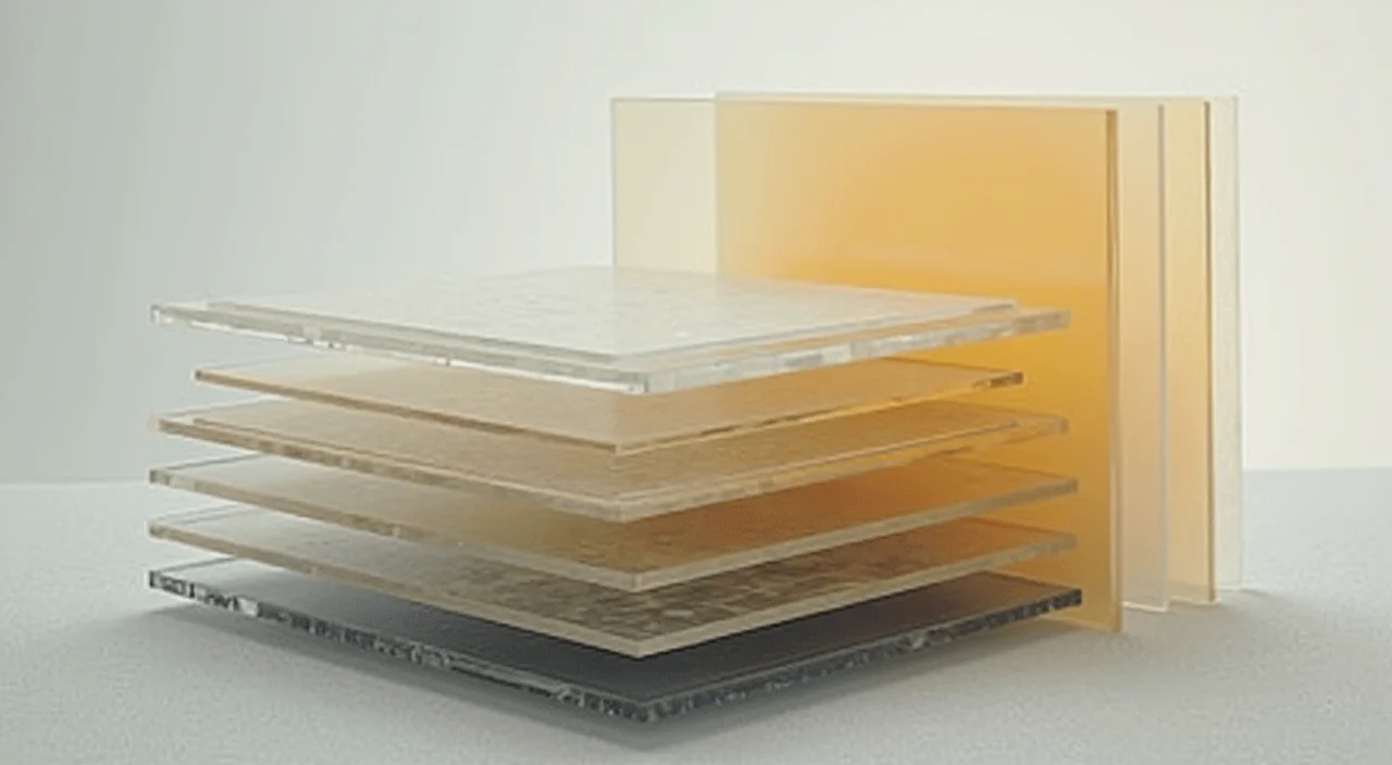 Stacked transparent acetate sheets on a linen surface representing layered database architecture