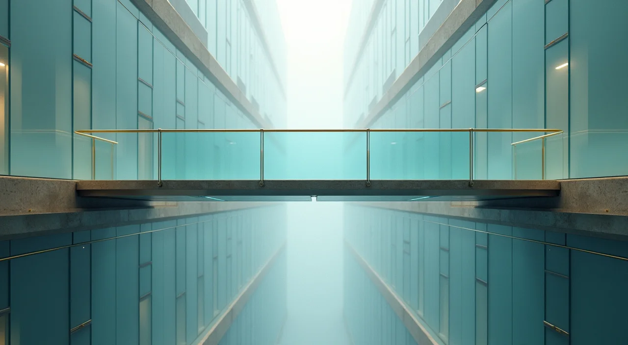 A conceptual representation of migration risk using a temporary trestle bridge structure made of frosted glass and brass, set against a neutral linen background.