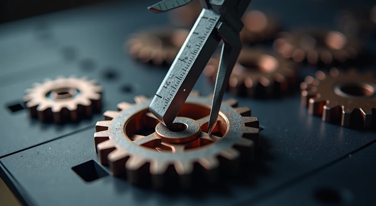 A precision caliper measuring the alignment of interlocking metallic gears, symbolizing the architectural verification required for high availability database migration.