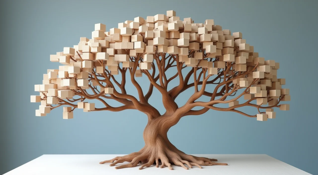 Close-up of a wooden fault-tree model on a linen surface, illustrating the branching logic of enterprise database architecture diagnosis.