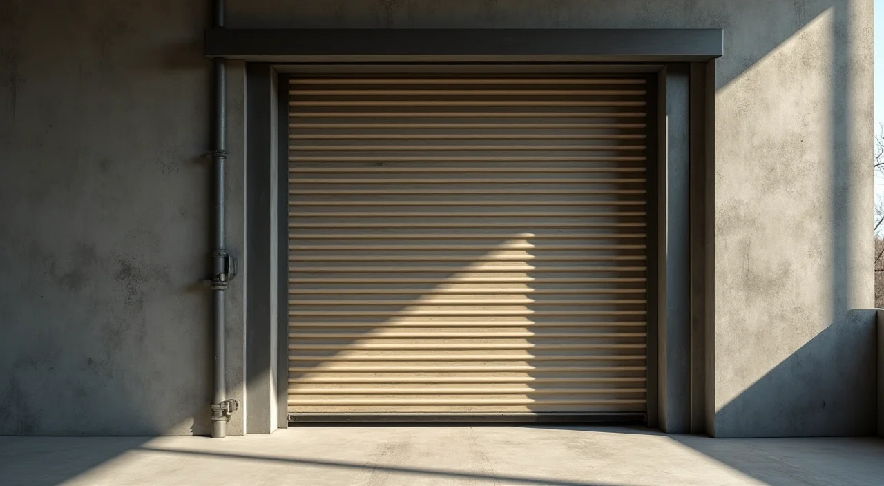 Half-open industrial shutter representing migration rollback risks in AI database architecture