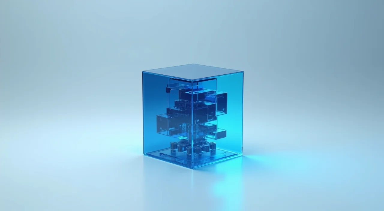 A solitary dark blue and cyan glass cube with subtle internal fractures resting on a white surface, symbolizing the diagnostic assessment of enterprise database complexity and inte