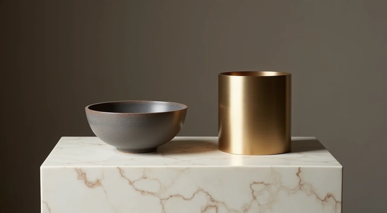 Ceramic bowl and brushed metal cylinder displayed side by side on a marble plinth, symbolizing the comparison between Oracle RAC and KingbaseES.