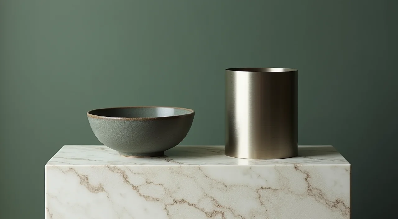 Ceramic bowl and brushed metal cylinder displayed side by side on a marble plinth to represent architectural choices in on-premises database systems