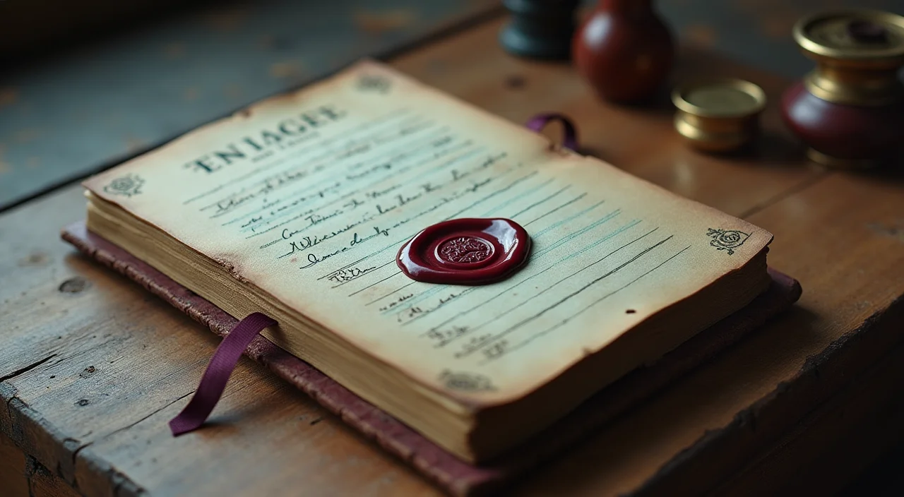 A closed ledger book with a wax seal resting on linen, symbolizing the verified transactional integrity of KingbaseES as the system of record.