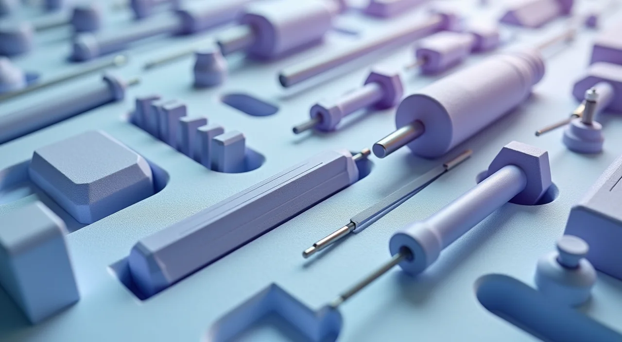 Precision tools arranged in foam cutouts on linen for a technical setup guide