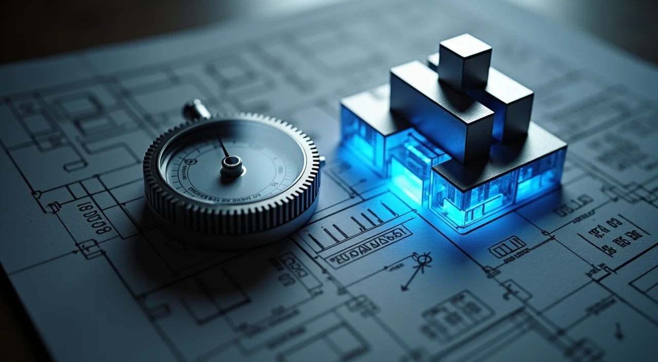 A precision calibration dial and architectural blueprints on a dark surface, symbolizing the rigorous evaluation of database migration costs and architectural consolidation.