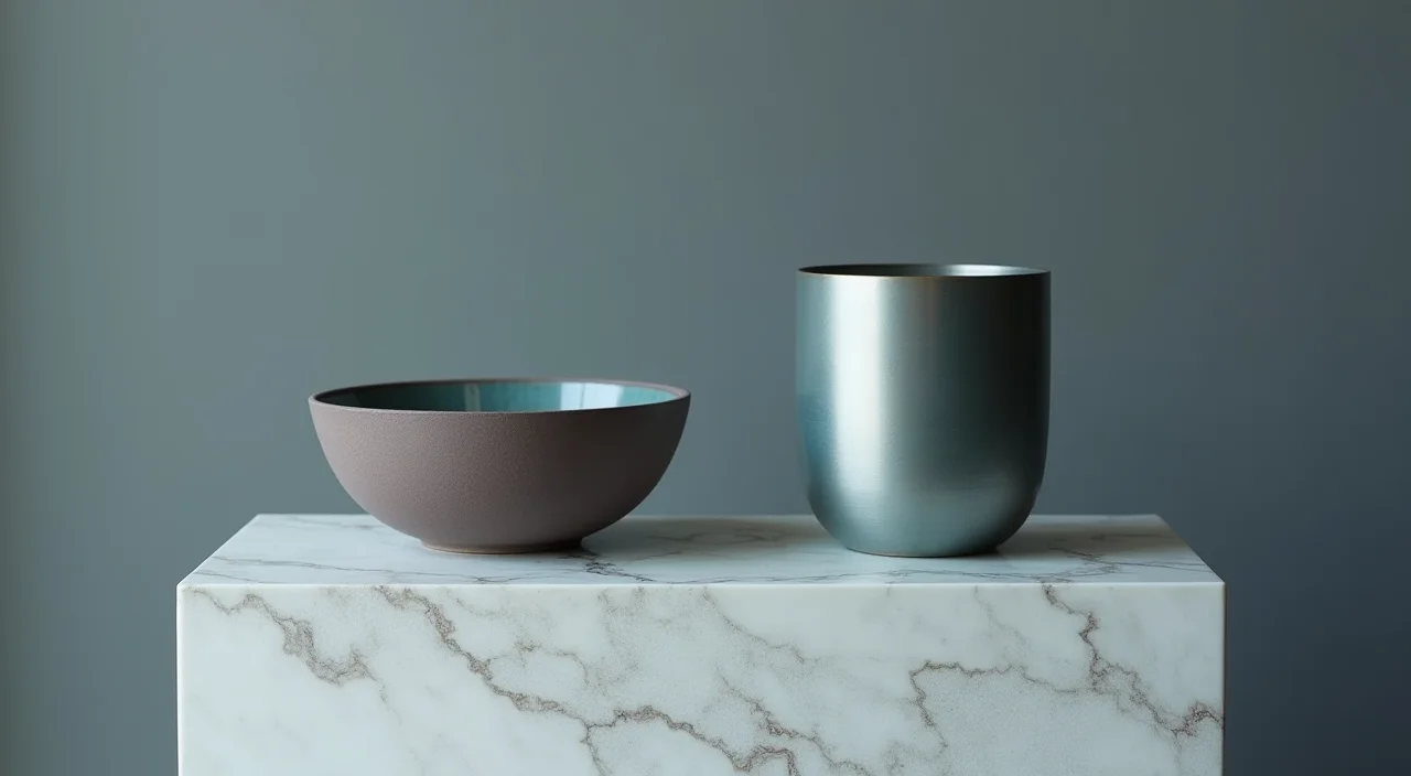 Ceramic bowl and brushed metal cylinder side by side on marble plinth representing database comparison