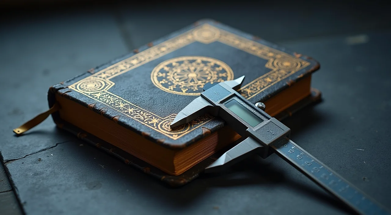 A precision caliper measuring a leather-bound ledger book on a dark slate surface, symbolizing rigorous technical validation and compatibility assessment.