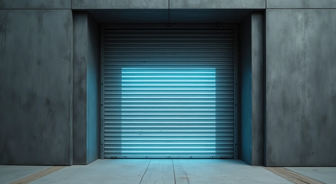 A half-open industrial sliding shutter representing the critical decision point and rollback feasibility in enterprise database migration.