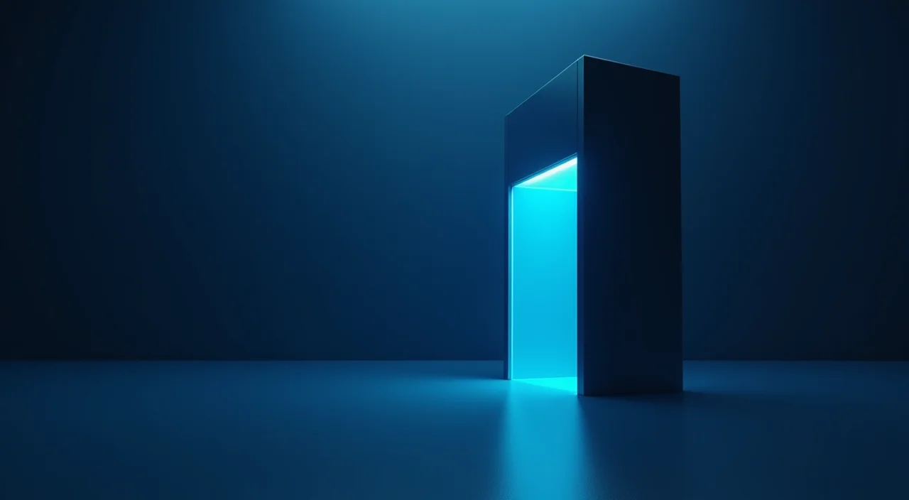 A minimalist architectural pillar with a cyan glass panel representing a unified database architecture against a dark blue background.
