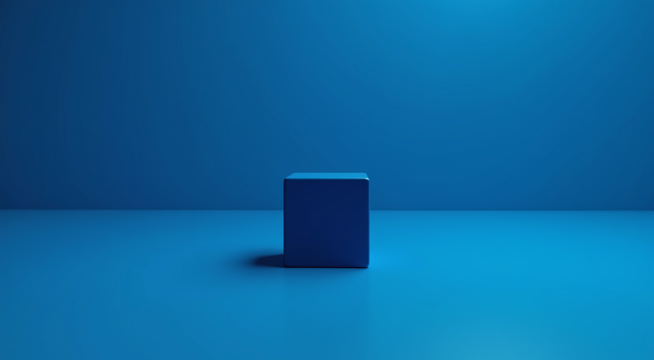 A solitary dark blue geometric cube on a clean cyan background representing enterprise database stability.