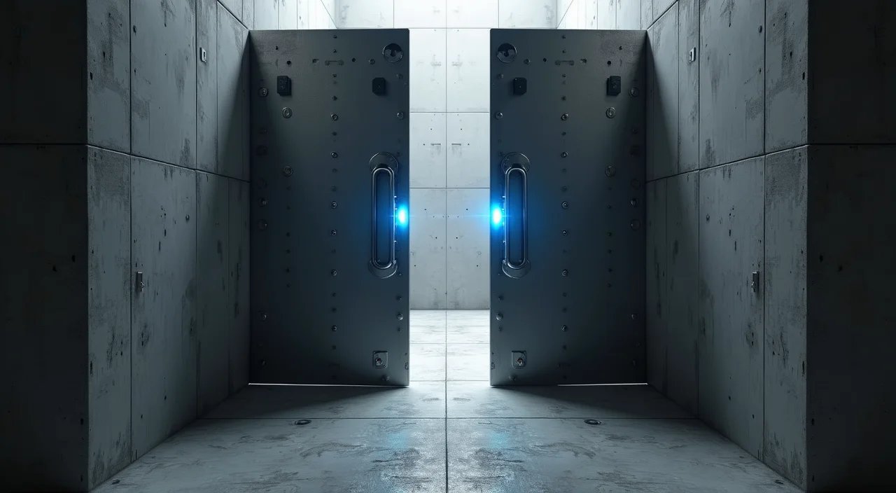 A centered industrial steel gate in a concrete frame with a single electric-blue lock, symbolizing a strict evaluation threshold for database vendor selection.