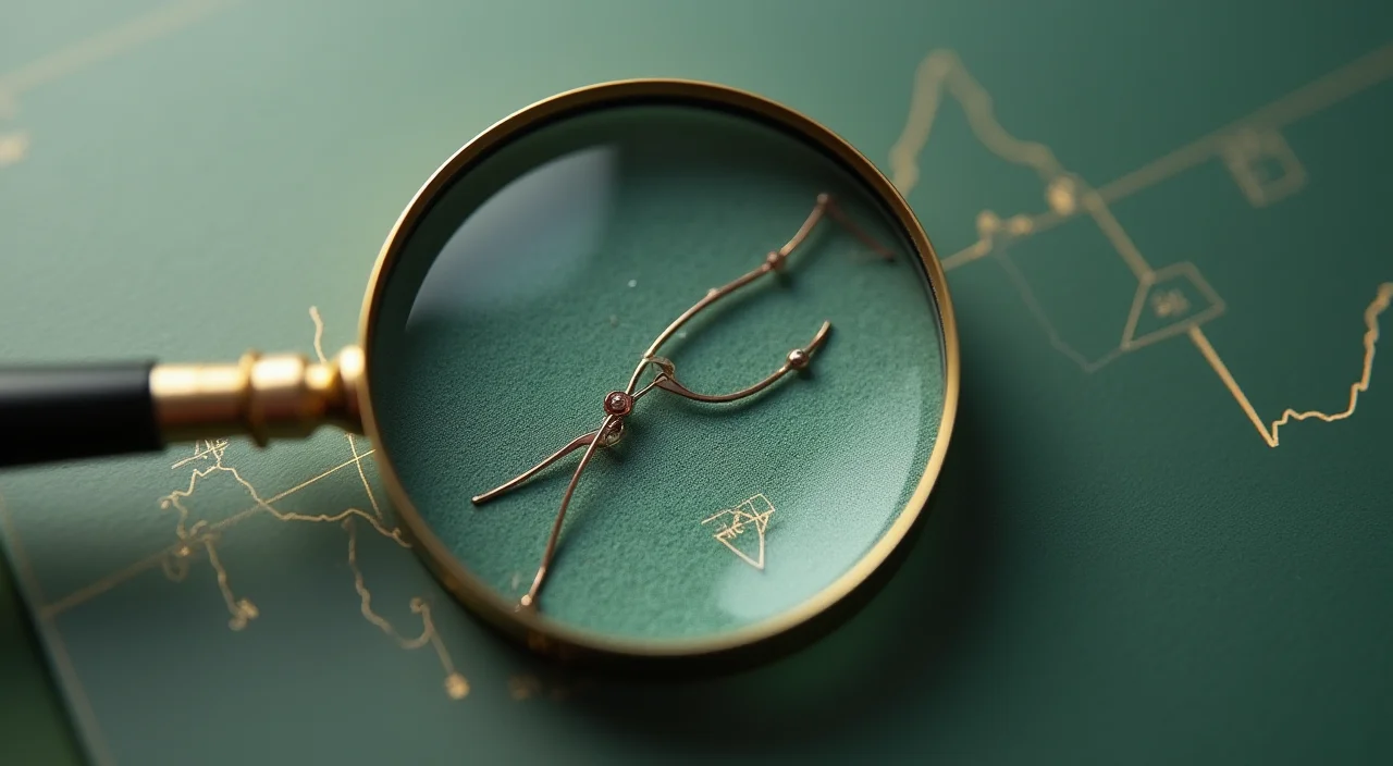Close-up of a magnifying glass inspecting a fine crack in a transparent acrylic panel