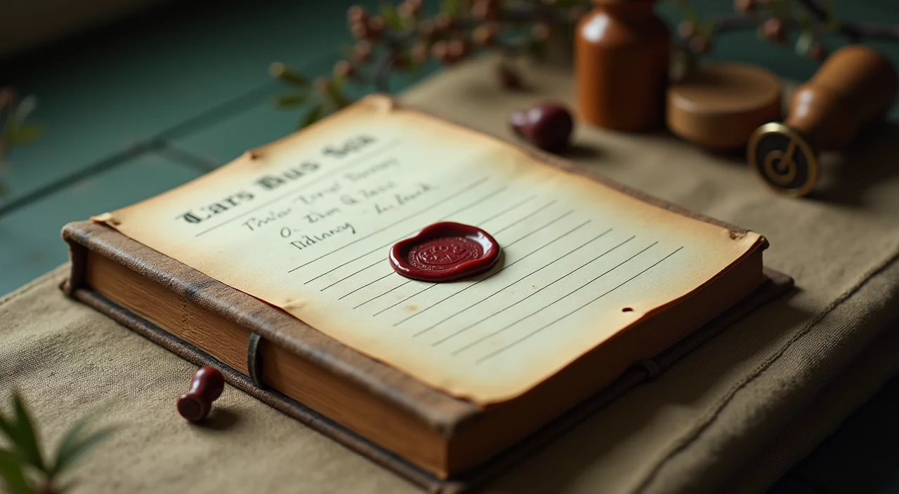 A close-up editorial still life of a leather-bound ledger sealed with wax, symbolizing verified value and architectural proof.