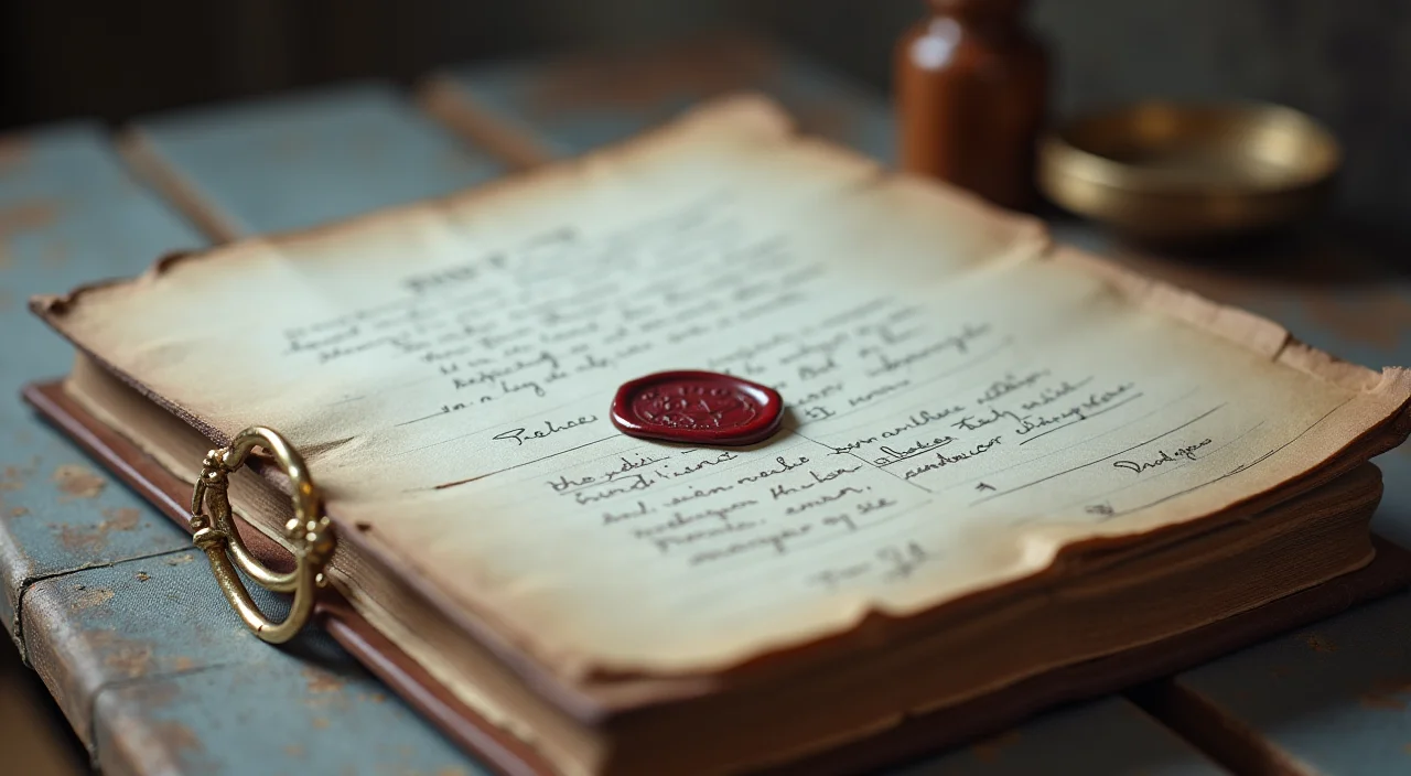 A close-up editorial shot of a closed ledger book with a brass stamp and wax seal resting on a linen surface, symbolizing verified enterprise value and architectural stability.