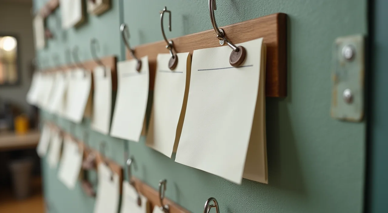 Organized workshop wall with blank instruction cards representing a structured technical assessment framework