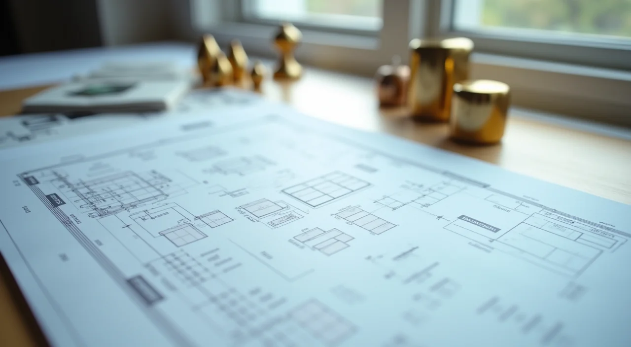 A blueprint table with blank translucent sheets and brass paperweights representing architectural planning