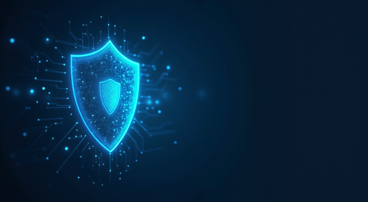 Abstract digital illustration of a glowing cyan data shield protecting a database core against a dark blue background, symbolizing secure enterprise migration and technical audit integrity.