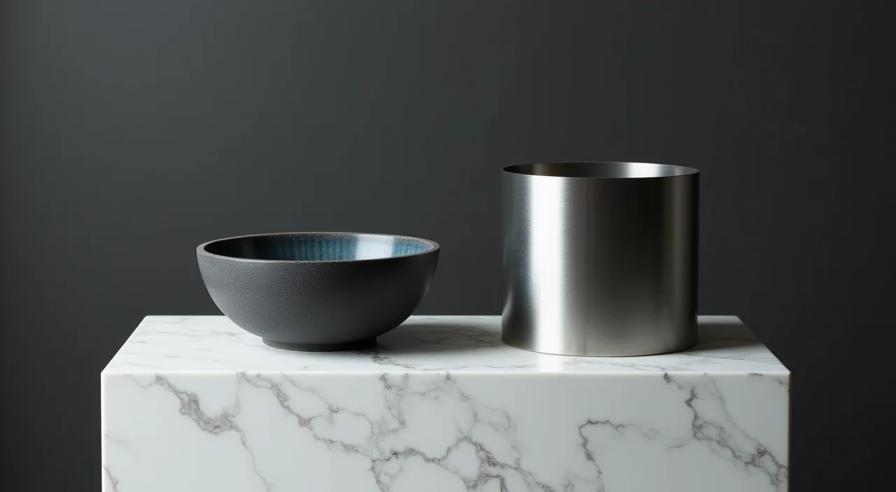 Ceramic bowl and brushed metal cylinder displayed side-by-side on a marble surface, representing the comparison between legacy Oracle infrastructure and modern commercial alternati