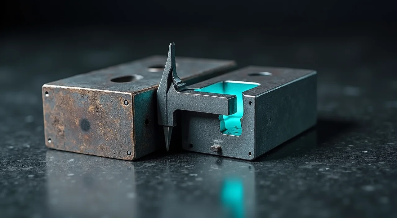 A precision caliper measuring the gap between a weathered legacy block and a modern architectural block, symbolizing the evaluation of compatibility and migration effort in databas