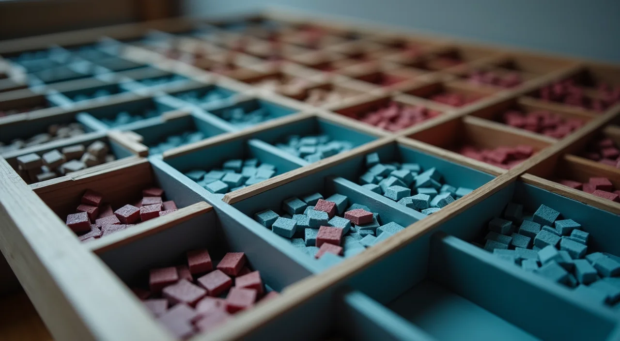 A structured selection guide concept featuring a compartmentalized tray holding distinct material samples, representing the rigorous evaluation of database migration criteria.