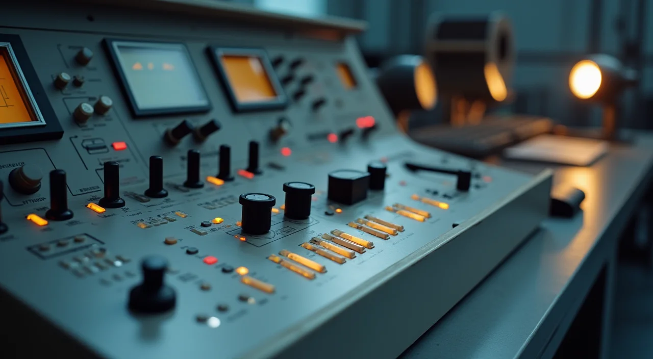 A close-up editorial shot of a minimalist industrial control console with unlabeled brass knobs and matte surfaces, lit by a focused spotlight to represent on-premises enterprise d