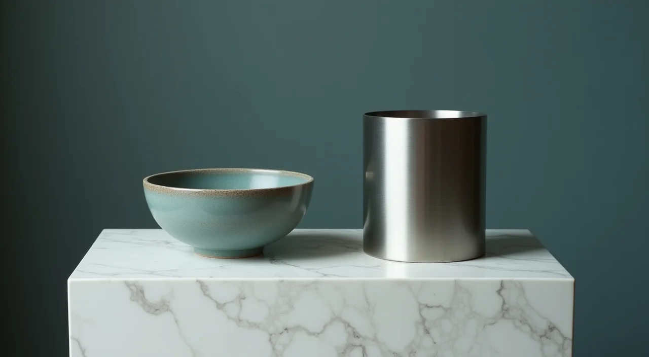 Ceramic bowl and brushed metal cylinder displayed side-by-side on a marble plinth, illustrating a comparison of alternatives.