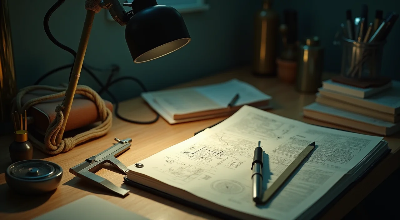 Architectural tools and notebooks arranged on a desk under focused light, representing structured AI database planning