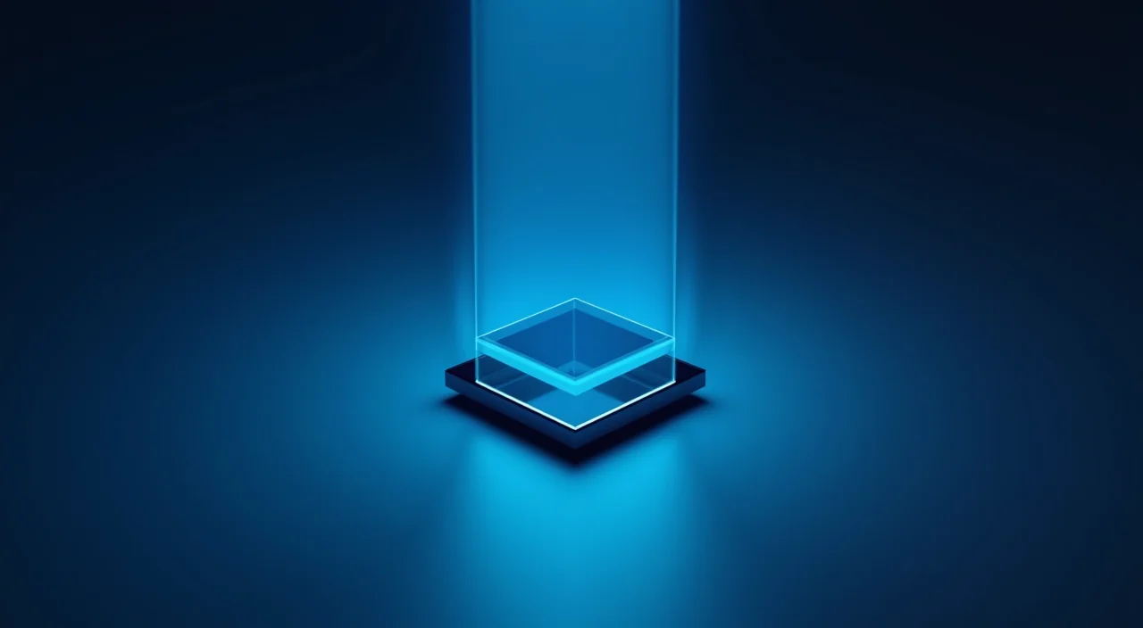 A minimalist studio photograph of a sleek glass data block illuminated by a cyan light beam on a dark blue background, symbolizing enterprise database verification.