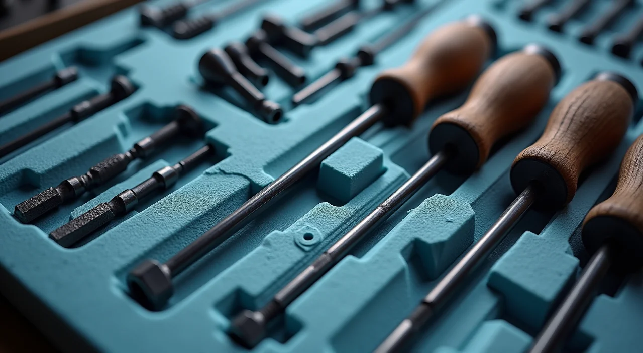 Technical tutorial visual of precision tools arranged in foam cutouts representing scalable database architecture components