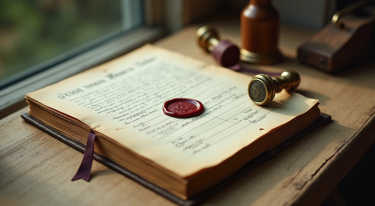 A walnut ledger book sealed with wax and brass, resting on linen beside frosted glass, symbolizing rigorous Oracle migration readiness assessment
