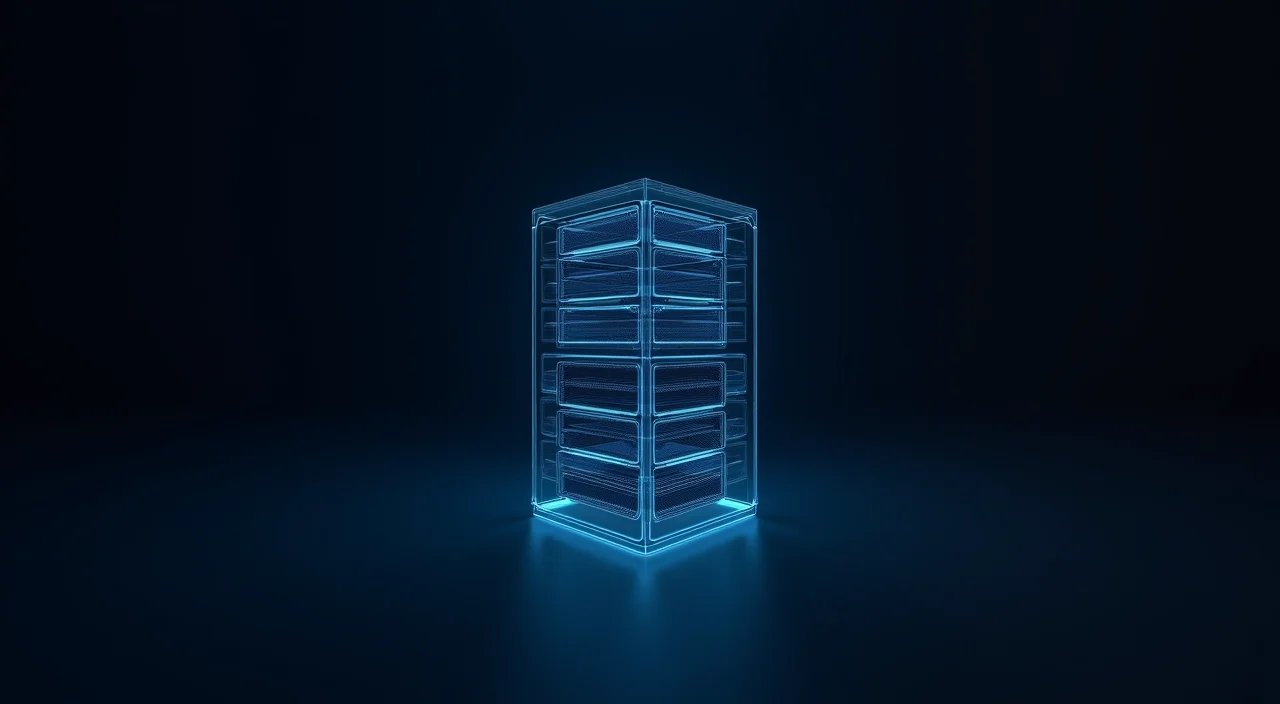 A minimalist wireframe illustration of an enterprise database architecture in dark blue and cyan against a black background.