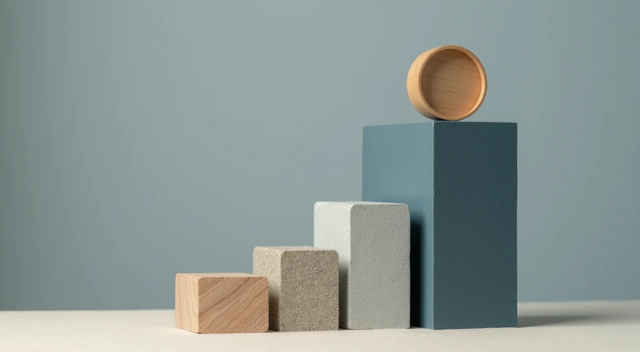 Stepped graphite and matte acrylic gauge blocks arranged on a walnut surface representing AI data platform selection criteria