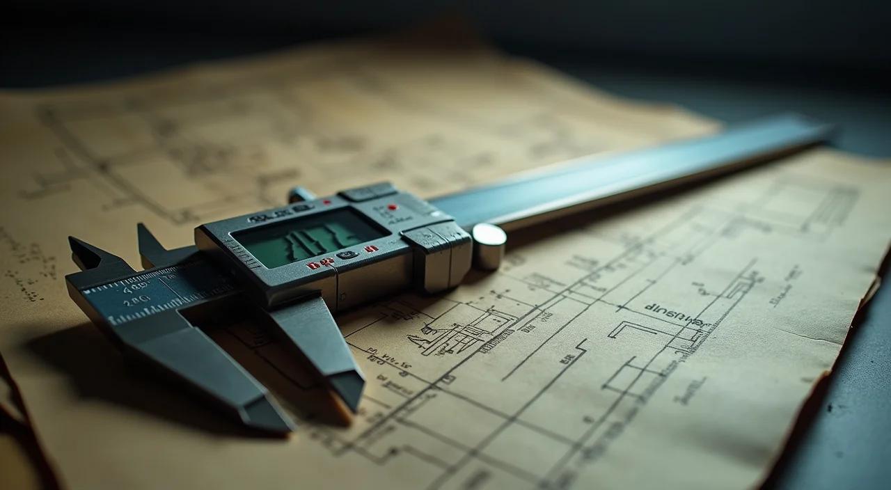 A precision caliper resting on engineering blueprints, symbolizing the rigorous evaluation and gap analysis required for commercial database migration.