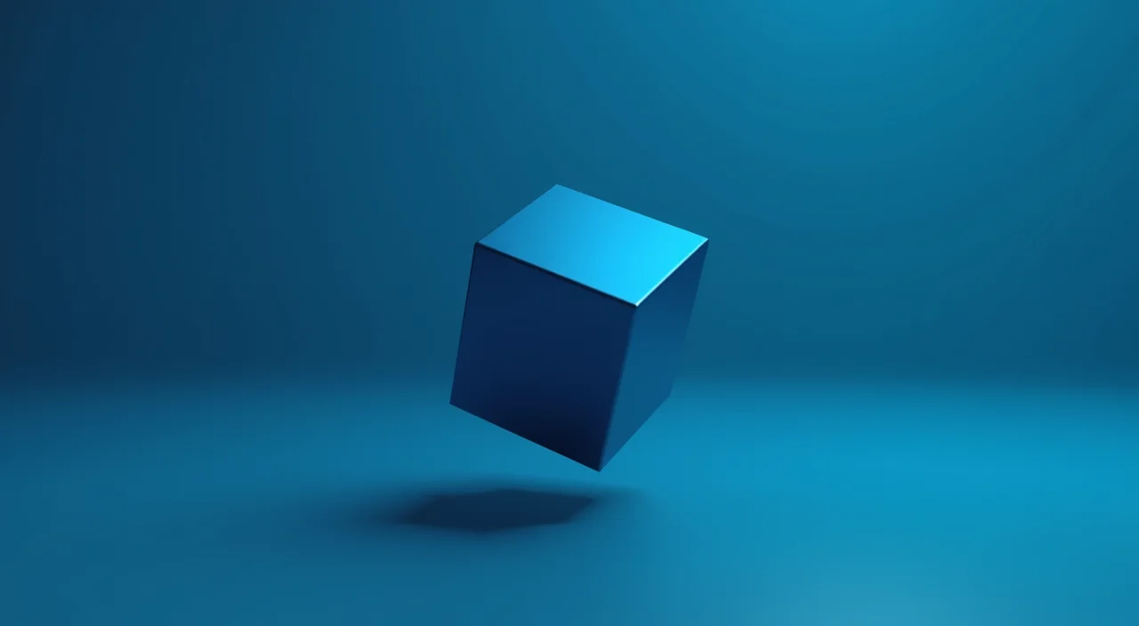 A solitary dark blue geometric cube floating in deep cyan negative space, representing enterprise database stability and architectural integrity.